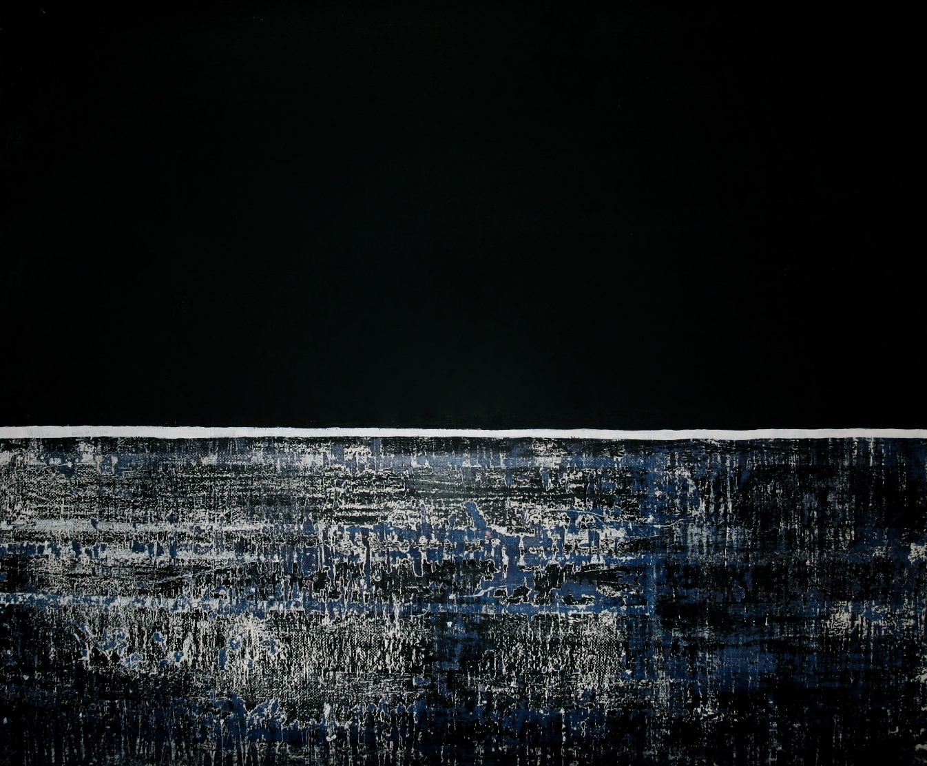Abstract painting divided by a white line — deep black over textured blue and white