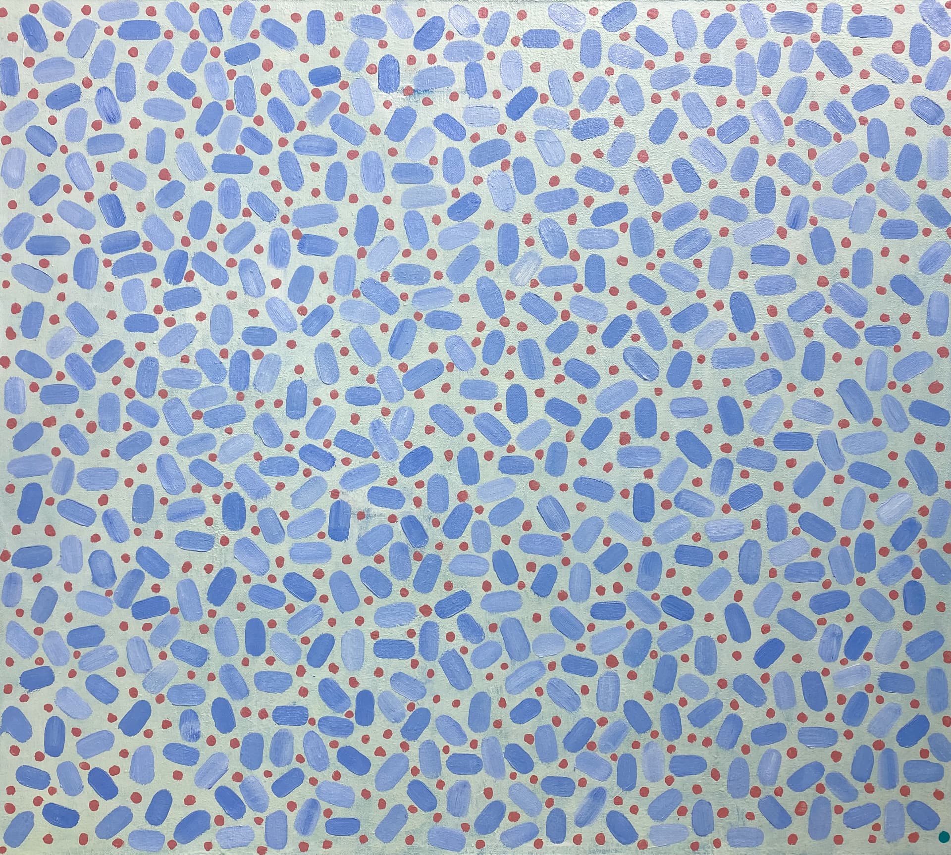 Painting of repeating blue brushstrokes over pale green with red dots