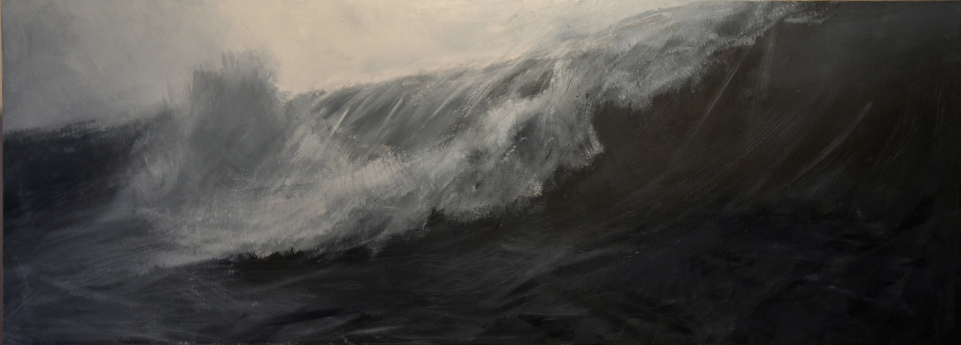 Wide monochrome painting of a breaking wave in grey and black