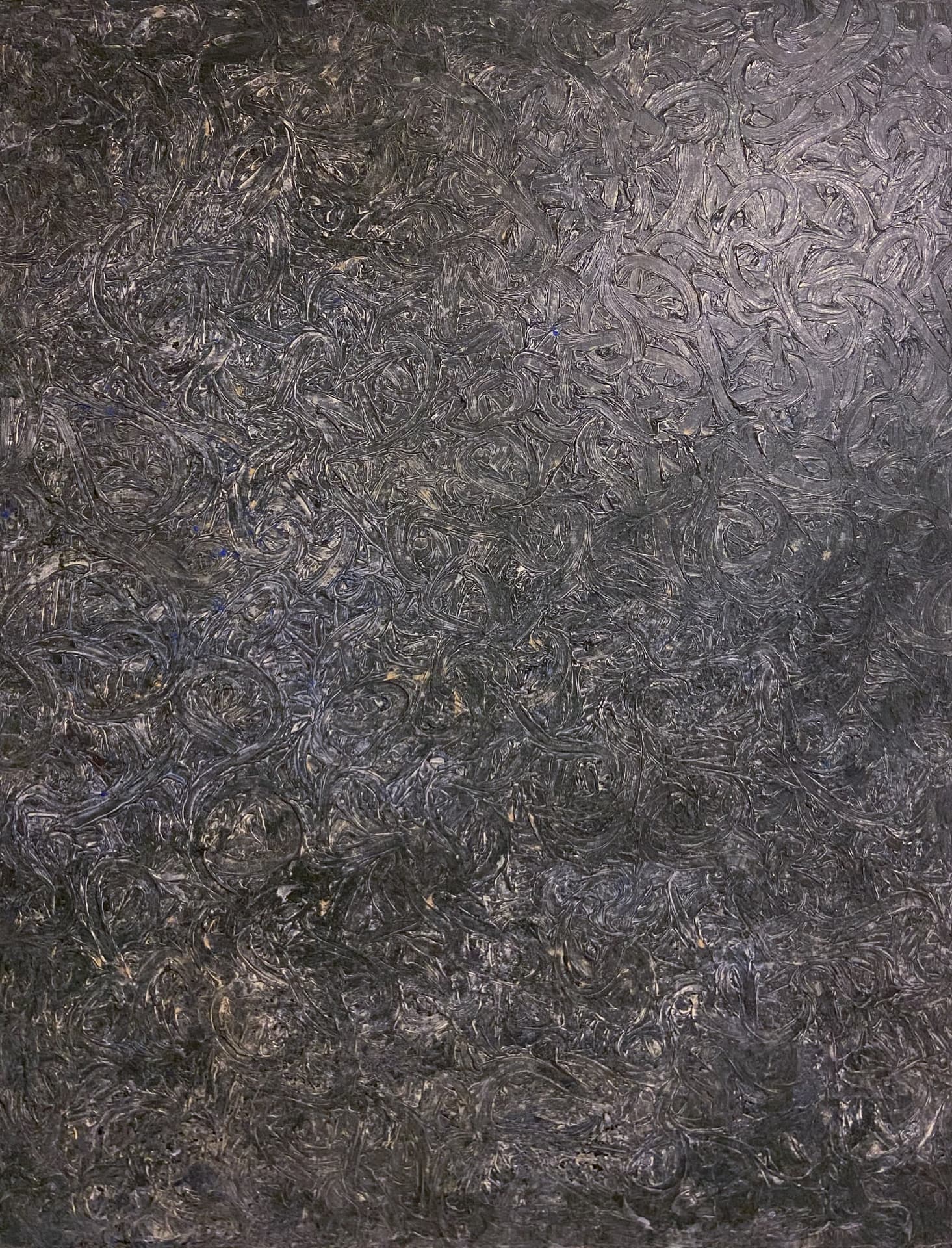 Dark grey painting covered in dense swirling impasto strokes